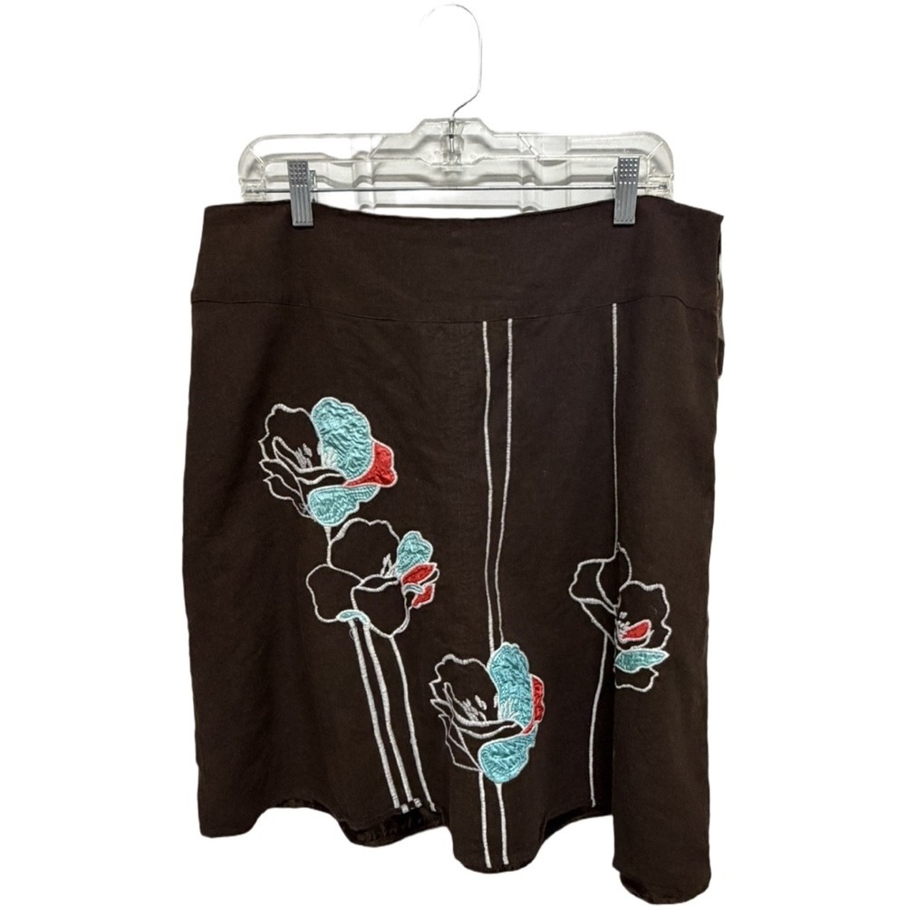 Artsy Botanical Embroidered Linen Blend Skirt Wearable Art Boho Cottage Size 14